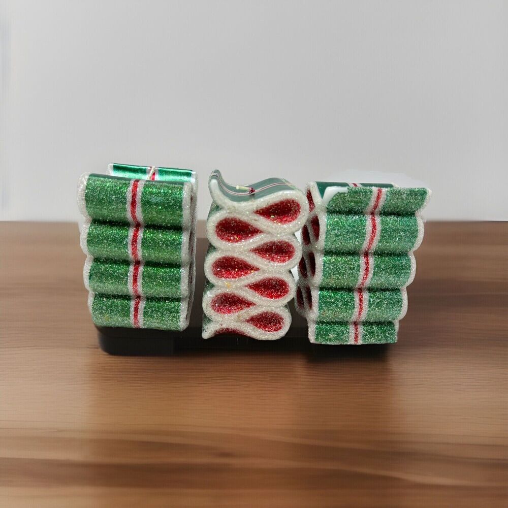 3 Vtg Christmas Ribbon Candles Decorative Glitter‎ Candy Holiday Retro - 4"